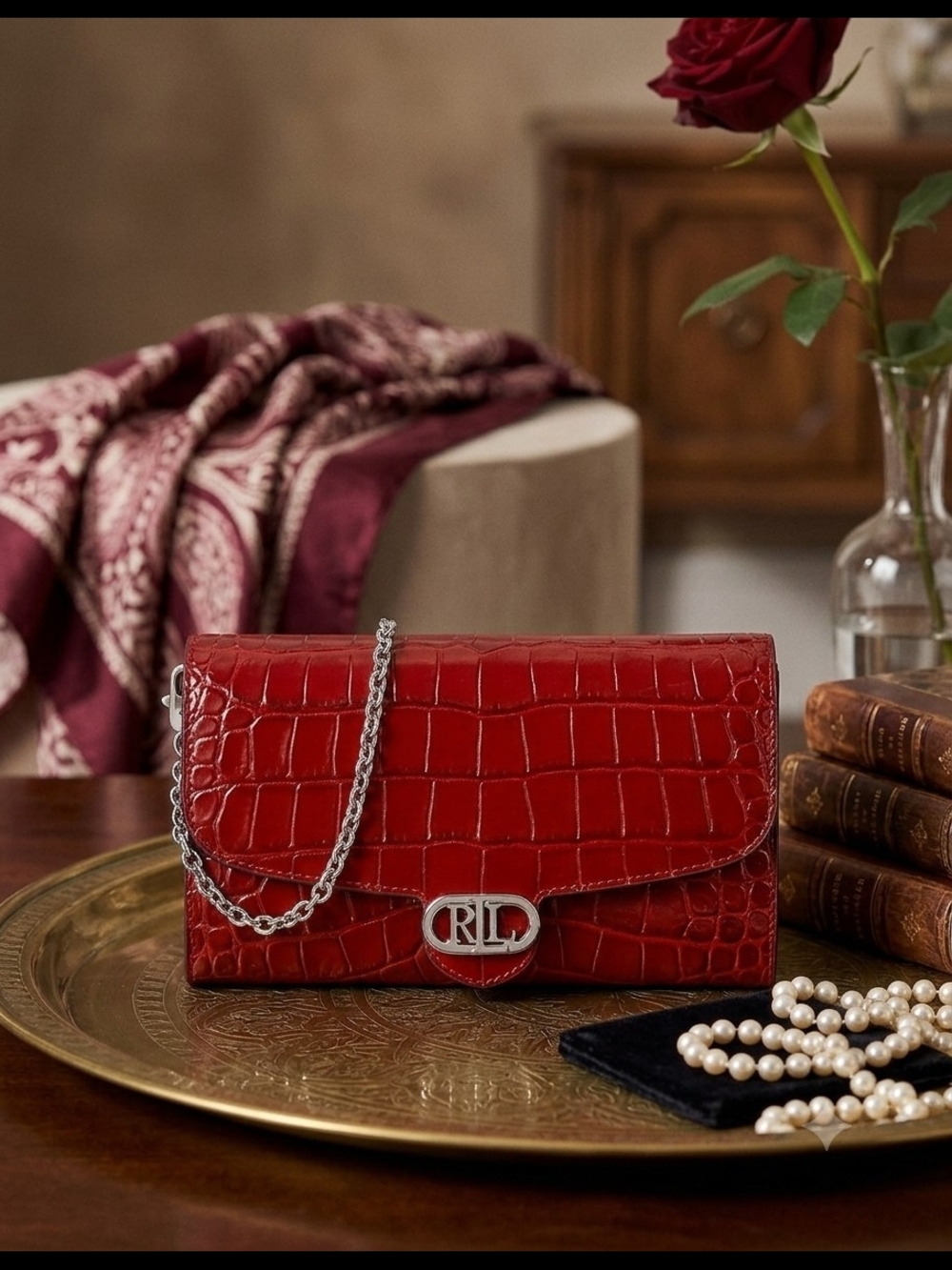 Lauren Ralp Lauren Red Croc-Embossed Leather Chain Crossbody Bag